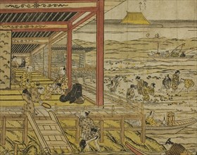 Gathering Shellfish at Low Tide at Shinagawa (Shinagawa shiohigari no zu), 1740s. Creator: Furuyama Moromasa.