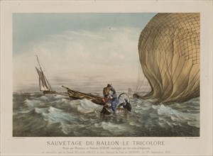 The rescue of Jules and Caroline Duruof from their balloon "Le Tricolore" off the coast of..., 1874. Creator: Anonymous.