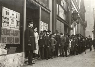 People line outside a store to buy face masks, 1 October 1918, 1918. Creator: Dobbin, Hamilton Henry (1856-1930).