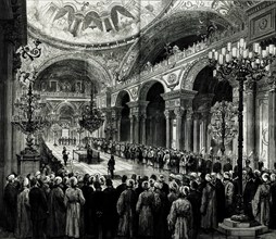 The Ottoman constitution enacted by Sultan Abdulhamid II in Dolmabahçe Palace in Dec 1876. Creator: Anonymous.