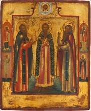 Saint Andrew of Smolensk (center), Daniel the Pilgrim (right) and the venerable..., Early 19th cen. Creator: Russian icon.