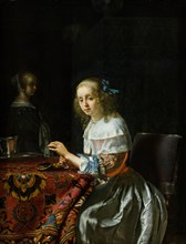 Young Woman Threading Pearls, 1658. Creator: Mieris, Frans van, the Elder (1635-1681).