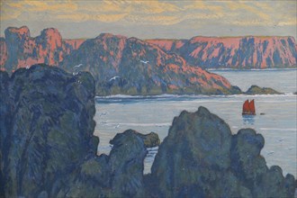Belle-Île-en-Mer, Voilier rouge à Goulphar, ca 1895-1896. Creator: Auburtin, Jean Francis (1866-1930).