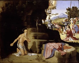 The penitent Saint Jerome in the desert and The Stoning of Saint Stephen, ca 1526. Creator: Previtali, Andrea (ca 1480-1528).