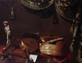Musical instruments and statuette, c. 1660. Creator: Baschenis, Evaristo (1617-1677).