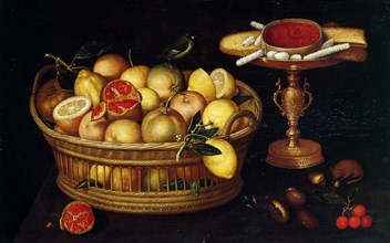 Basket of citrus fruits and étagère with sweets, 1620-1622. Creator: Godin (Codino), Franz (Francesco) (c. 1590-after 1621).