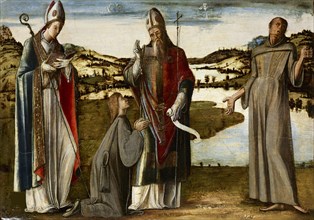 Holy Bishop (Andrew?) adorated by Saints Louis of Toulouse and Francis of Assisi, c1470-1475. Creator: Vivarini, Alvise (ca. 1446-ca. 1505).