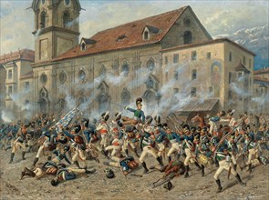 Colonel Karl Freiherr von Ditfurth (1774-1809) fighting the Tyroleans in front of..., April 12, 1809 Creator: Braun, Louis (1836-1916).