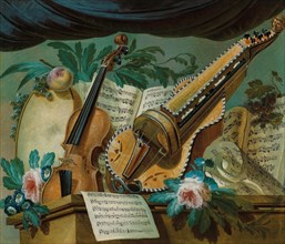 Allegory of music with a violin, a hurdy-gurdy, a framedrum, sheets of music, flowers and fruit... Creator: Jager, Gerke Jans de (ca 1748-1822).