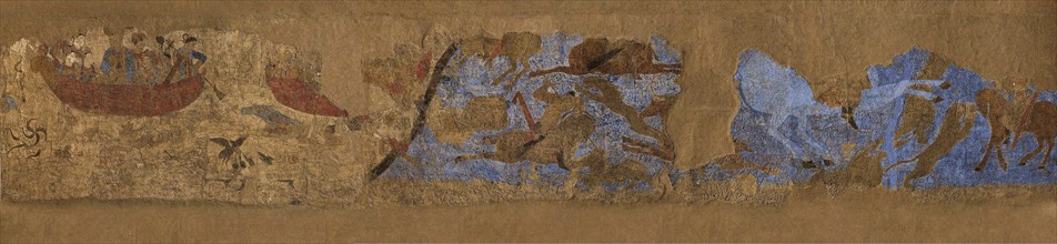 Afrasiab murals, North wall, "Chinese panel": Emperor Taizong hunting, and the..., 648-651. Creator: Sogdian Art.