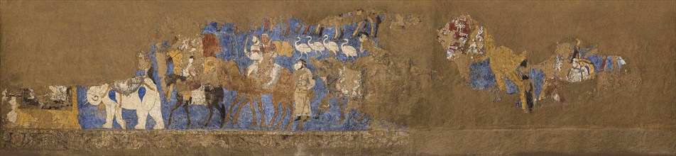 Afrasiab murals, South wall: Funeral procession led by King Varkhuman, Between 648 and 651. Creator: Sogdian Art.
