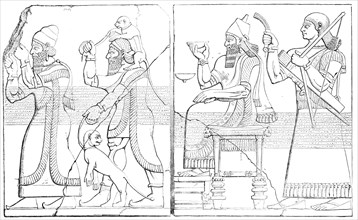Nimroud Sculptures at the British Museum - Tribute Bearers; Assyrian King and Sword-Bearer, 1850. Creator: Unknown.