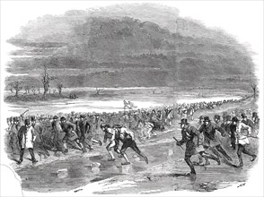 Sports on the Ice - Skating Race on Whittlesea Mere, 1850. Creator: Smyth.
