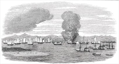 Destruction of Shap-'Ng-Tsai's Piratical Fleet, by the British, in the Gulf of Tonquin, 1850. Creator: Unknown.