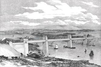 The Britannia Tubular Bridge across the Menai Straits - sketched from the Anglesey Shore, 1850. Creator: Unknown.