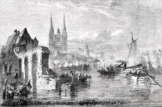 Market Boats Arriving at Angers - painted by E. A. Goodall, 1850. Creator: Unknown.