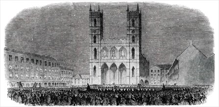 Torch-Light Procession in the Place d'Armes, at Montreal, 1850. Creator: Unknown.