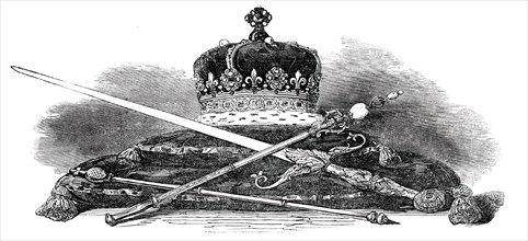 Regalia of Scotland: Crown Sceptre, Sword, and Lord Treasurer's Rod, 1850. Creator: Unknown.