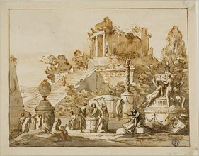 Classical Landscape with Ruined Temple on Hill, Female Figures Below, n.d. Creator: Antonio Zucchi.