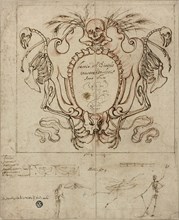 Funereal Cartouche with Inscription and Sketches of Skeletons and Ornamental Details, 1628. Creator: Baccio del Bianco.