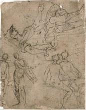 Sketches of Seated Warrior, Various Figures, 1585/95. Creator: Bernardo Castello.
