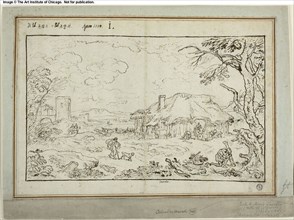 Rural Crossroads, with Farm Buildings in Foreground, 1734. Creator: Carlo Antonio Tavella.