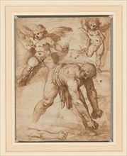 Studies of a Figure Bending Over, Two Putti, and an Arm (recto); Rest on the Flight..., 1596/97. Creator: Cesare Rossetti.