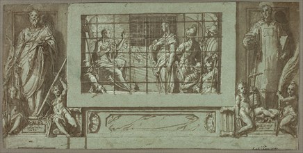 Saint Catherine in Prison Converting the Empress Faustina to Christianity, Flanked..., 1570/71. Creator: Federico Zuccaro.