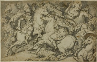 Cavalry Skirmish (recto); Kneeling Ecorché (verso), 1530/39. Creator: Francesco Salviati.