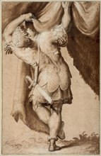 Young Warrior, Seen from Behind, Lifting a Curtain, 1550/55. Creator: Francesco Salviati.