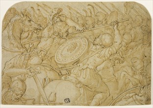 Cavalry Skirmish (recto); Architectural Sketch (verso), 1558/59. Creator: Giorgio Vasari.