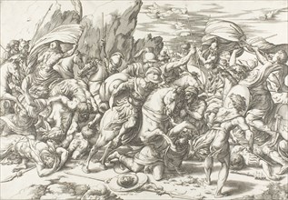 The Battle around the Shield and Lance, c.1527. Creators: Giovanni Jacopo Caraglio, Raphael.