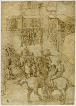 Mythological Pageant (recto); Illegible Inscriptions and Anatomical Studies of...(verso), 1528/29. Creator: Girolamo Genga.