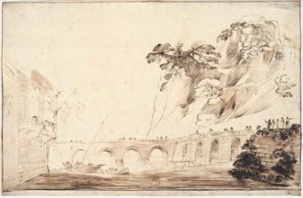 Landscape with a River Crossed by a Bridge, Lined with Spectators, Leading to a..., c.1630. Creator: Guercino.