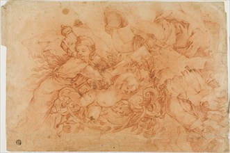 Allegorical Figures Holding the Papal Insignia, study after the Allegory of Divine..., c.1650. Creator: Luca Giordano.