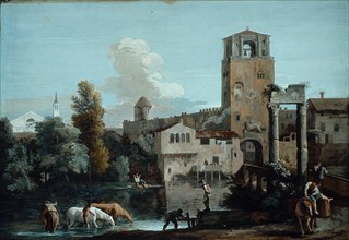 A Capriccio with Horses Watering in a River Outside a Walled Town, c.1720. Creator: Marco Ricci.