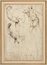 Study of a Nude Seen from the Back, and Two Studies of an Arm (recto); Nude...,c.1528. Creator: Perino del Vaga.