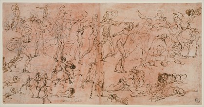 Studies of Warriors, Horsemen, and Lions (recto); Studies of Heads and Nude..., 1528/33. Creator: Perino del Vaga.