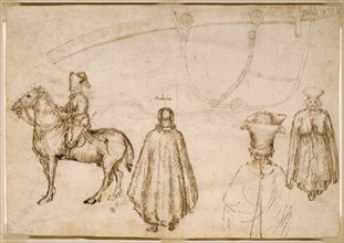 Sketches of the Emperor John VIII Palaeologus, a Monk, and a Scabbard, 1438. Creator: Pisanello.