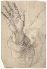Upraised Right Hand, with Palm Facing Outward: Study for Saint Peter, 1518/20. Creator: Raphael.