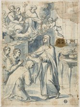 Female Dominican Saint Beholding the Virgin and Child and Saint Dominic, While..., n.d. Creator: Unknown.