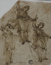 Sketches of a Standing Saint Holding a Sword (r); Sketches of Figures and Heads (v), 1550/59... Creator: Unknown.
