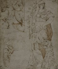 Three Sketches: Fortitude, a Sandal, and Grotesques (recto); Sketches of Grotesques..., 1560/69. Creator: Unknown.