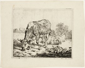 Bull Grazing and Three Sheep, 1670. Creator: Adriaen van de Velde.