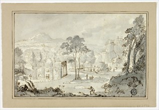 Hunter with Dog, Other Figures in Landscape with Villa, Canal, Pyramid, n.d. Creator: Gaspar van Wittell.