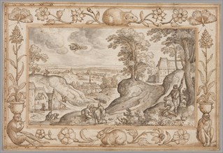 Landscape with the Sacrifice of Isaac within a Decorative Border of Plants and Animals, 1584. Creator: Hans Bol.