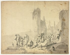 Harborside Scene with Various Figures, n.d. Creators: Hendrik Verschuring, Thomas Wyck, Nicolaes Berchem.