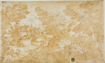 Men and Women Resting in Wooded Landscape with River, Villas, Church, n.d. Creator: Unknown.