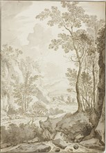 Landscape of Road through Trees and Hills; Figure on Donkey in Distance, 1638/1710. Creators: Unknown, Jan Hackaert.