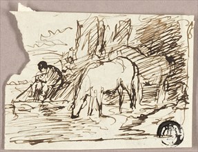 Sketch of Watering Horses and Fisherman, c.1847. Creator: John Burnet.